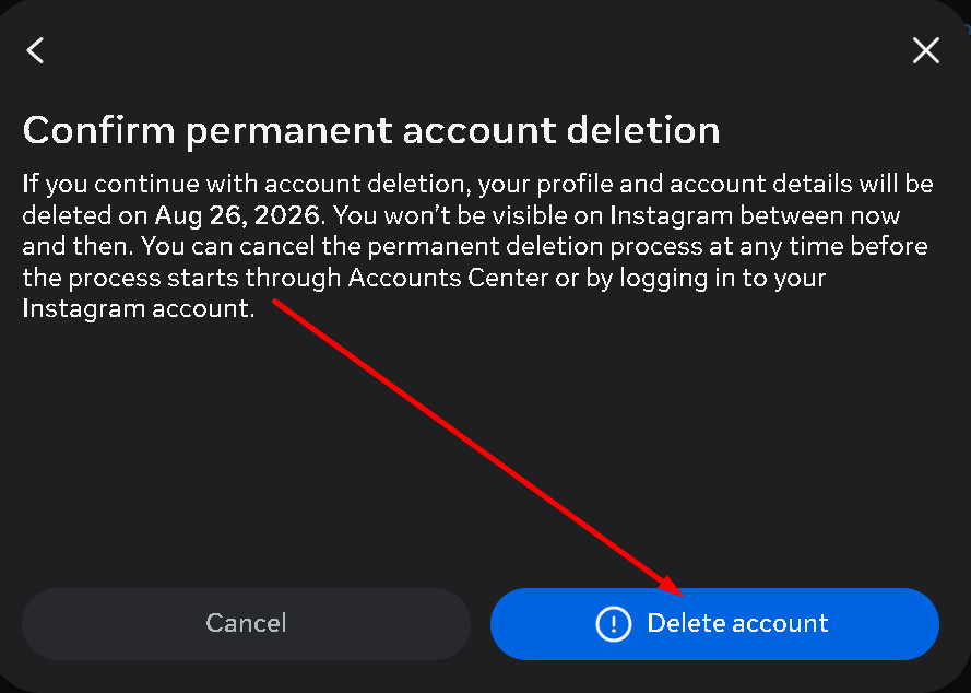 Confirm permanent account deletion me delete account par click kare