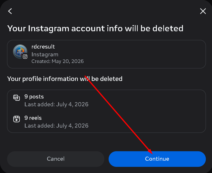Your Instagram account info will be deleted me continue par click kare
