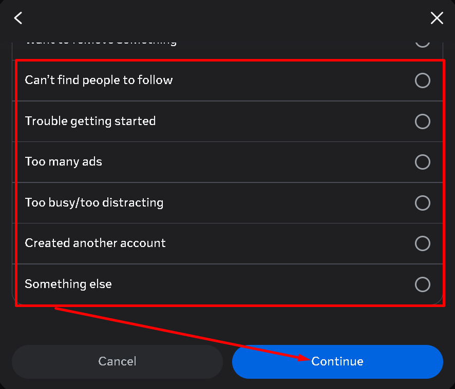 account delete karne ka reason chune and continue par click kare