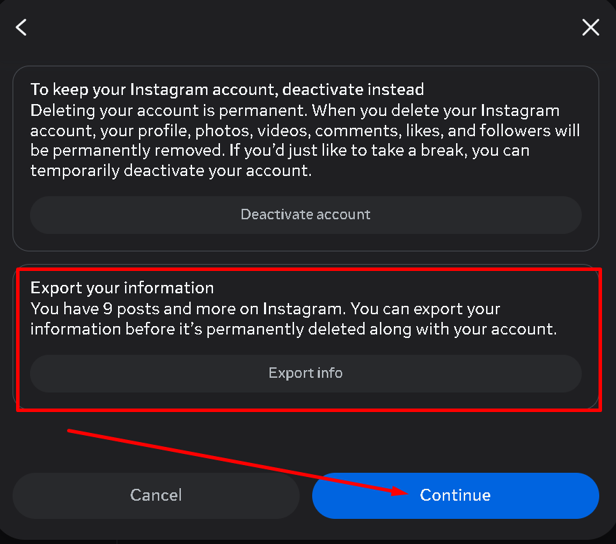 account info export kare and continue par click kare