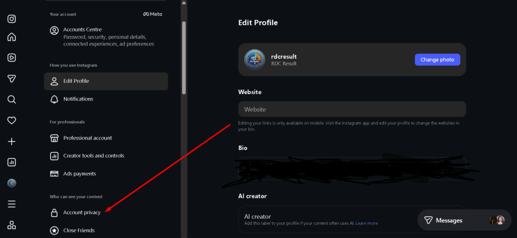 account privacy par click kare