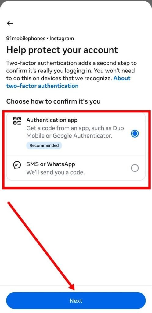 authentication app yaa sms or whatsapp me se ek select kare