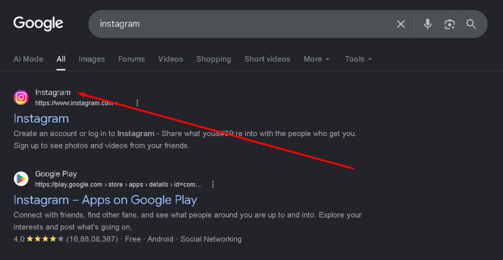 browser me instagram search kare