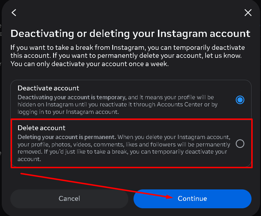 desktop me delete account par click kare