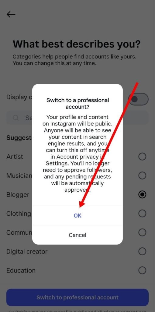 Switch to a professional account me ok par click kare