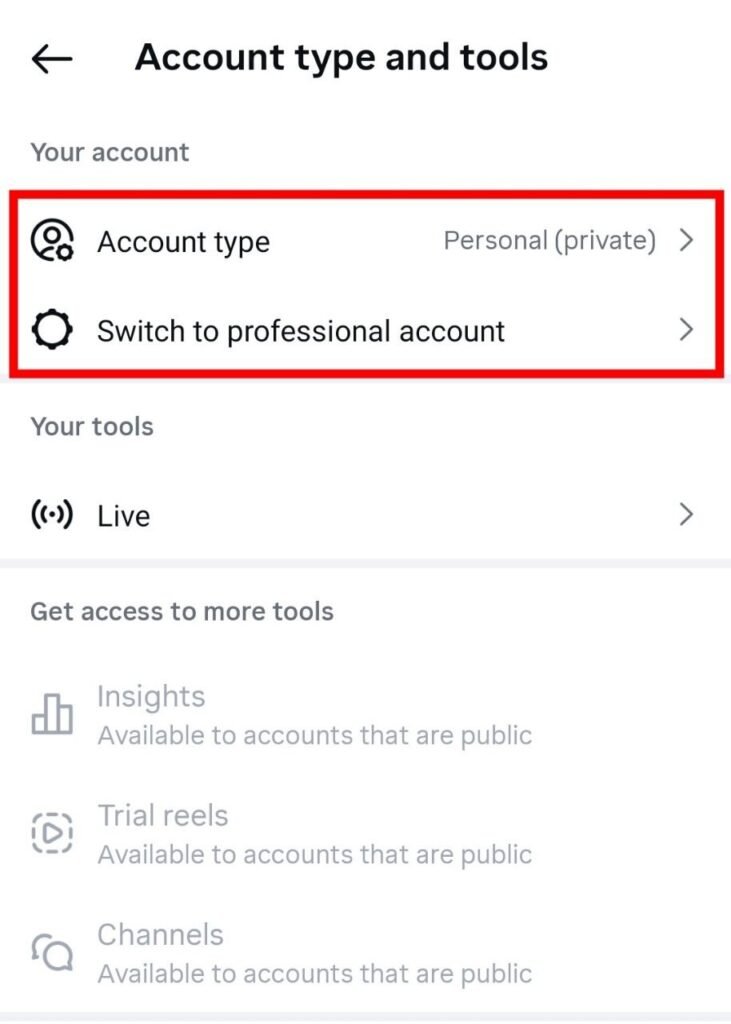 Switch to professional account par click kare