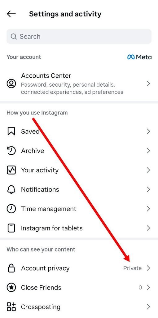account privacy par tap kare