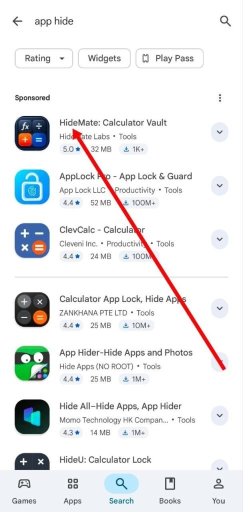 app hide application par click kare