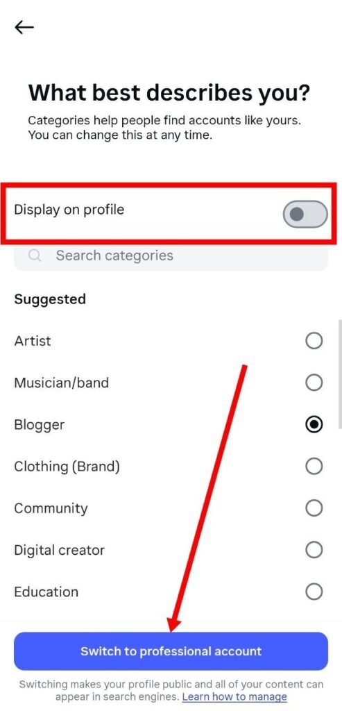 instagram account ki category select kare