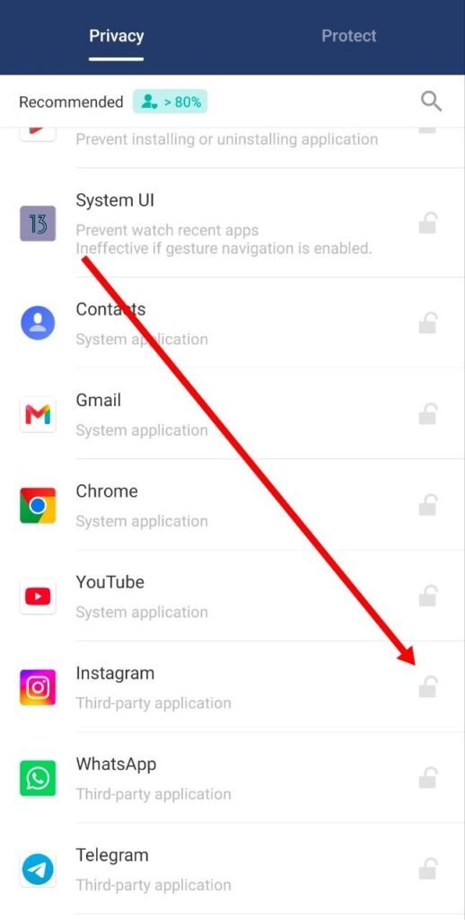 instagram application me lock enable kare