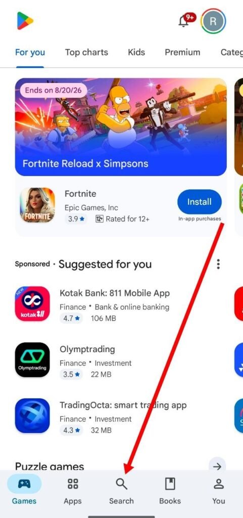 play store me search icon par click kare