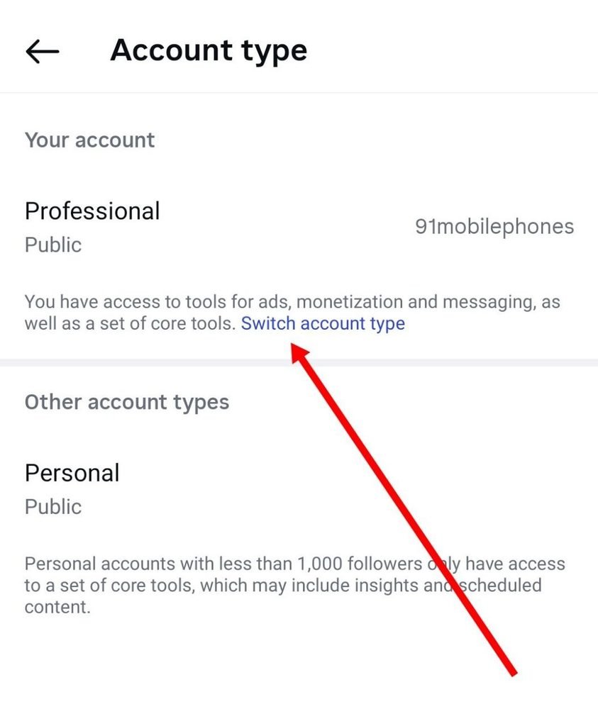 switch account type par click kare