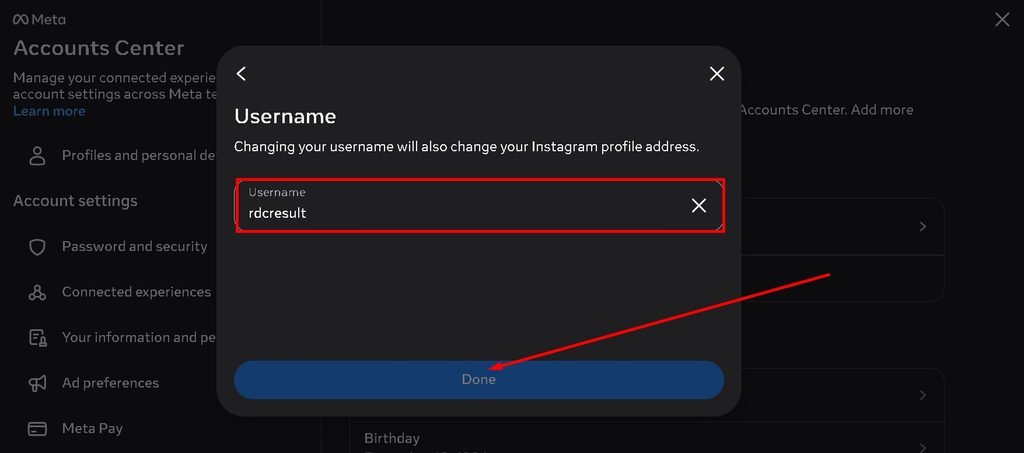 username change kare and done par click kare